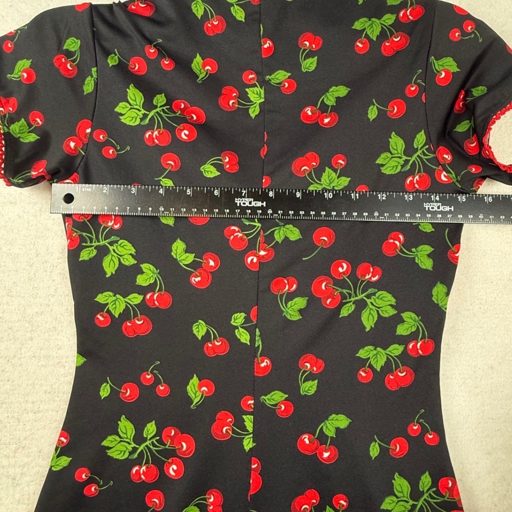 Pin Up Girl Cherry Print Rockabilly Dress Black Cap Sleeve Medium kitschy retro - Picture 9 of 12